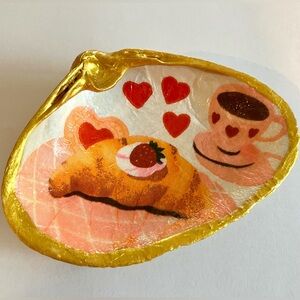 Handcrafted Shell Croissant & Coffee 4.5 inch Dish Decoupage